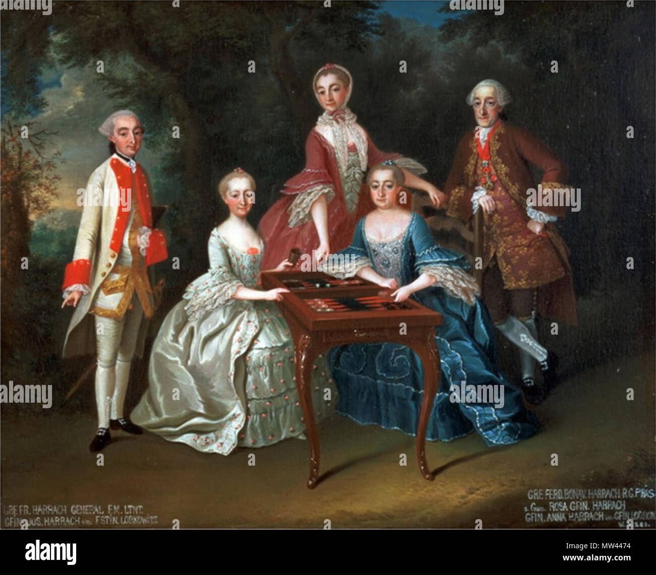 . Inglese: ritratto di gruppo della famiglia Harrach giocare a backgammon. Il rappresentate sono da sinistra: Conteggio Franz Xaver Harrach (1732-1781), la Contessa Maria Josephina Harrach, vedovo Pss Liechtenstein, sposato Css Lobkowicz (1727-1788), la Contessa Maria Rosa Harrach, sposato Harrach Css (1721-1785), la Contessa Maria Anna Harrach, sposato Css Lodron (1725-1780) e il conte Ferdinando Bonaventura II. Anton Harrach (1708-1778). circa 1755. Johann Wilhelm Hoffnas (1727-1795) nomi alternativi Johann Wilhelm Hofnas, Johann Wilhelm Hofnaas, Johann Wilhelm Hoffnaass, Johann Wilhelmm Hofnass, Johann Wil Foto Stock