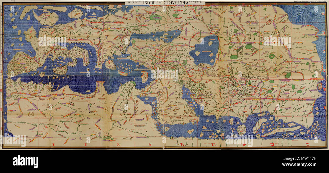 . Tabula Rogeriana, 1154 - in posizione capovolta con il nord orientato verso l' alto . Il 14 settembre 2009, 17:10 (UTC). TabulaRogeriana.jpg: Al-Idrisi, lavoro derivato: PHGCOM (PARLA) 584 TabulaRogeriana capovolto Foto Stock