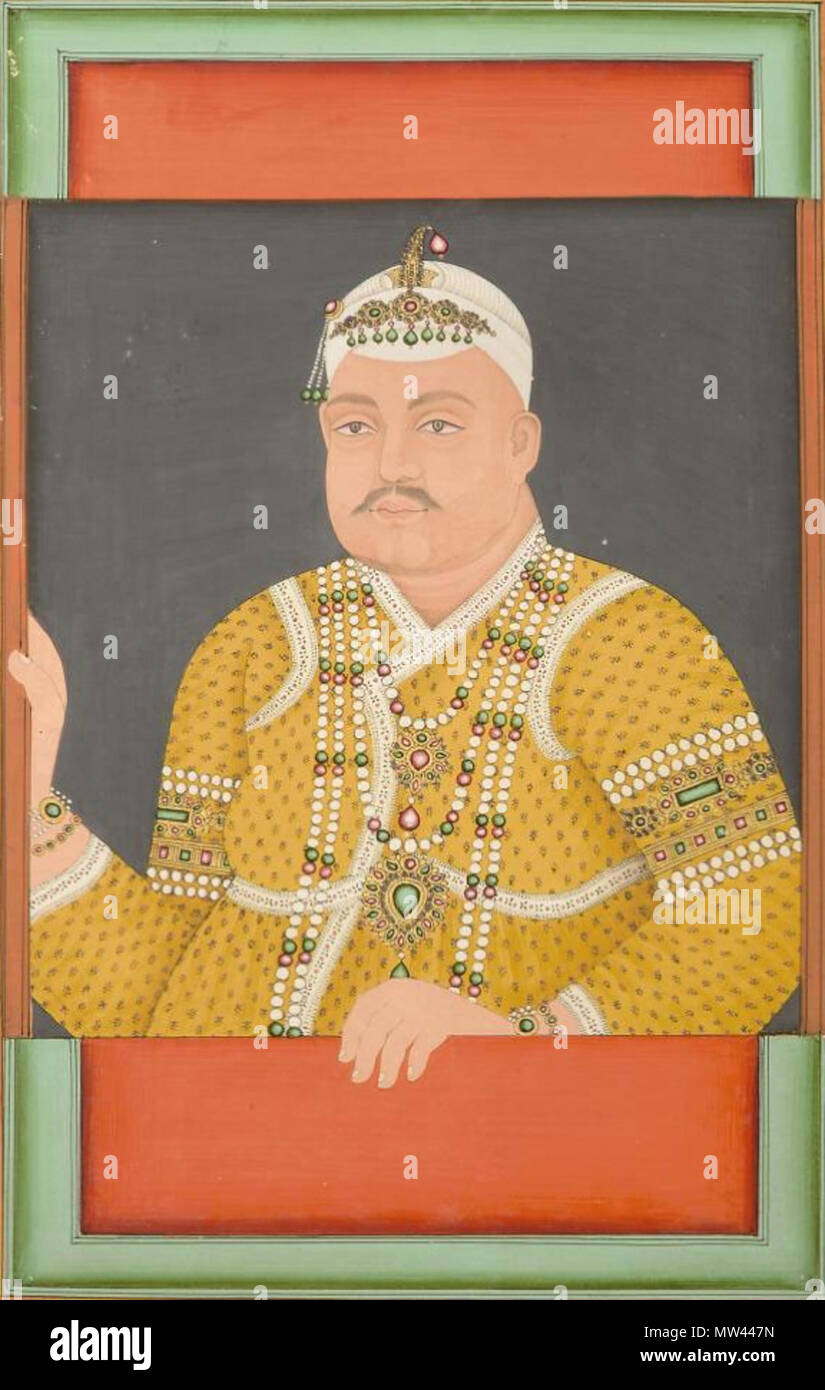 . Inglese: Nasir-ud-dawlah, Nizam di Hyderabad 1794-1857 gouache su carta intensificato con oro, indossando il giallo patterened accappatoi ed elaborare Pearl, Emerald e ruby gioielli e stoffa Bianca Cappello, nel monte bianco - 25,4 x 16,5 cm . Xix secolo. Sconosciuto 438 Nasir-ud-dawlah, Nizam di Hyderabad 1794-1857 Foto Stock