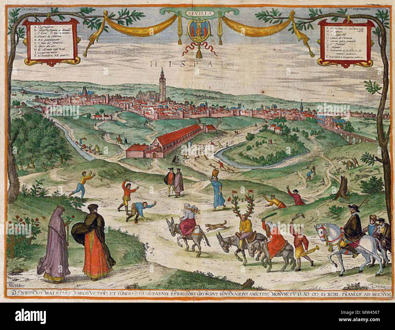 . Inglese: una vista della città di Siviglia (sotto il suo nome romano, Hispalis) pubblicato nel terzo volume di Georg Braun's Civitatis Orbis Terrarum (1597); un po' esagerando il senso di prospettiva presa dal punto di vista da qualche parte vicino al palazzo di Buhaira, a sud-est della città, guardando ad ovest o leggermente a nord-ovest. La parte inferiore del dipinto mostra una strana scena, riportato in chiave come S: Esecuzione de Justicia de los cornudos patientes e T: Esecuzione de l'acazuettas publicas. Il 'paziente cuckold', un uomo con le mani legate, indossando corna fatte dai rami frondosi (o palchi avvolto dal verde?) Foto Stock