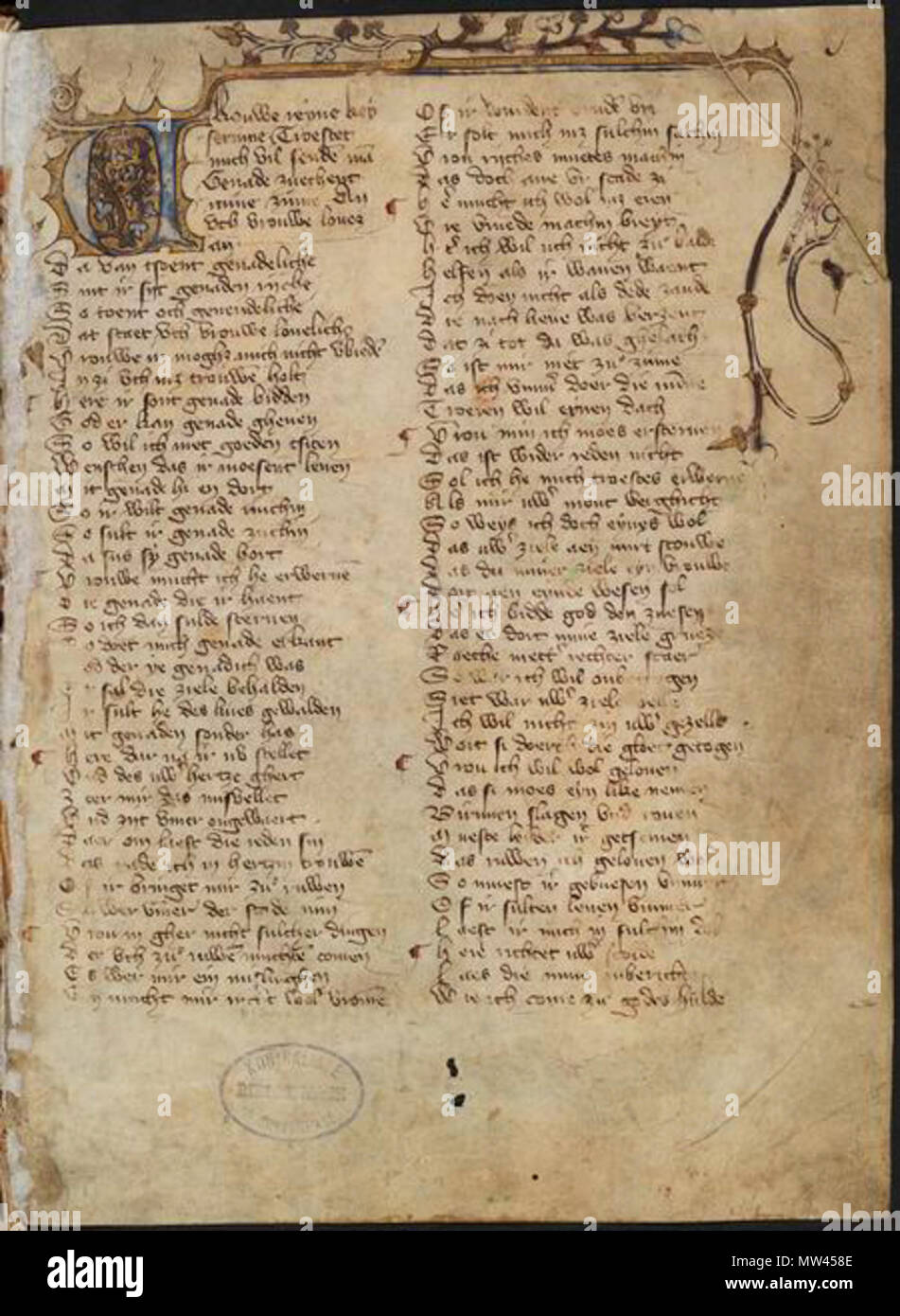 . Nederlands: Blz. 001r van het 'Haags' liederenhandschrift (omstreeks 1400; afkomstig uit Gelre?), met verlucht initiaal. Verzameling van de Koninklijke Bibliotheek in Den Haag (L'Aia). Inglese: (approssimativa traduzione in inglese) P. 001r del 'Aia' brani della scrittura a mano (circa 1400;? Proviene dal Gelderland), con tappo ventilato. Raccolta della Biblioteca Reale di Hague. 24 febbraio 2011, 11:03:29. Sconosciuto 262 Haags Liederenhandschrift Foto Stock