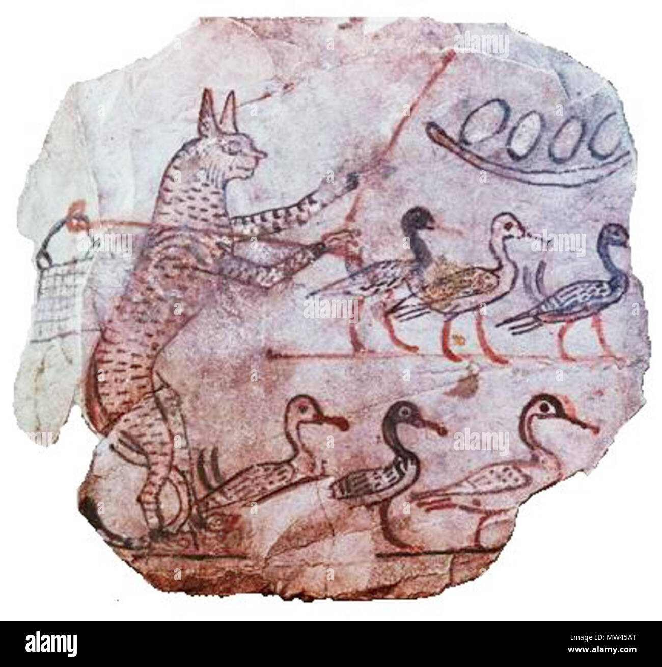 . Inglese: Disegno sul calcare di una scena da una favola, antica egiziana, XIX dinastia, c1120 BC. Un gatto con un pastore il truffatore e un sacchetto sulla sua spalla le protezioni sei oche e un nido di uova. Dal Museo del Cairo. circa 1120 BC. Sconosciuto 118 Cat custodendo le oche c1120 BC Egitto Foto Stock