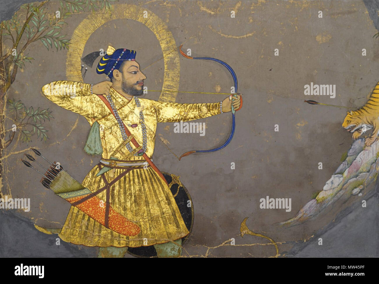 . Inglese: Sultan Ali Adil II Shah di Bijapur caccia tiger acquerello opaco e oro su carta 21.8 da 31.5cm. circa 1660 . circa 1660. India, Deccan, Bijapur 580 Sultan Ali Adil II Shah di Bijapur, caccia Tiger, India, Deccan, Bijapur, ca 1660 Foto Stock