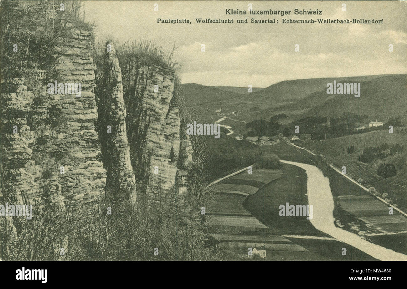 . Lëtzebuergesch: Eingang der Wolfsschlucht (Echternach) und Sauertal. Entrée de la Gorge du Loup (Echternach) et la vallée de la Sûre. Vecchia cartolina. Echternach, Nr. 287b. . J.M. Bellwald (1871-1945) 249 Gorge du Loup bellwald Foto Stock