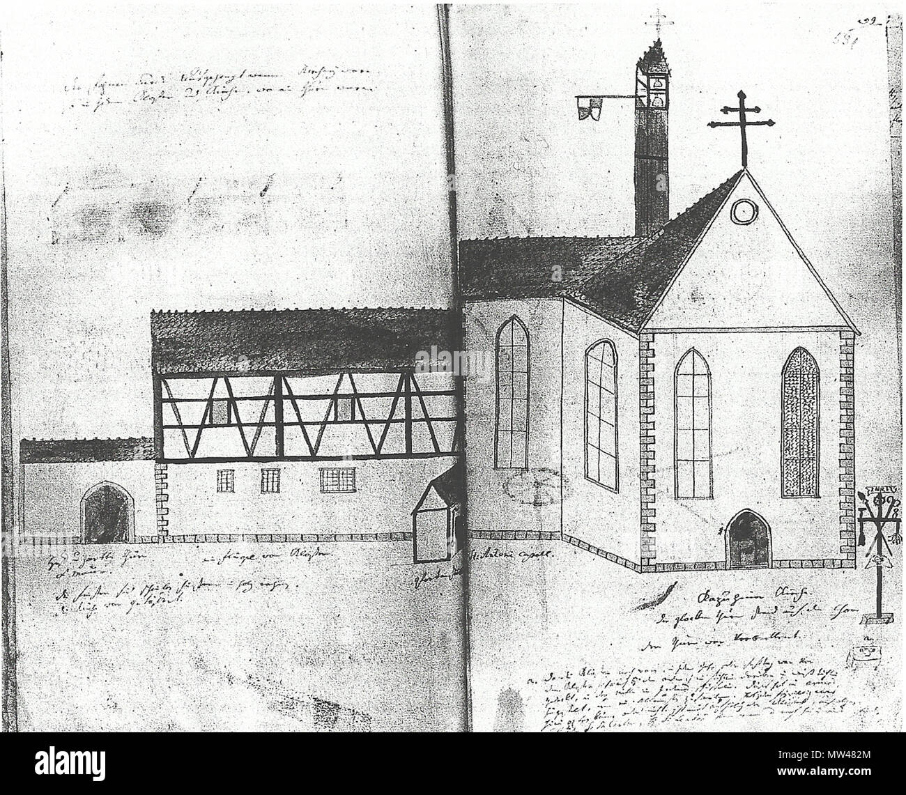 . Ansicht des abgegangenen Kapuzinerkloster st Ulrich (Schwäbisch Gmünd). Zeichnung in der Schwäbisch Gmünder Chronik von Dominikus Debler (PM 1800), Stadtarchiv Schwäbisch Gmünd, Bd. 6, S. 530. 1800. Dominikus Debler 334 Kapuzinerkloster debler SCHWAEBISCH GMUEND Foto Stock