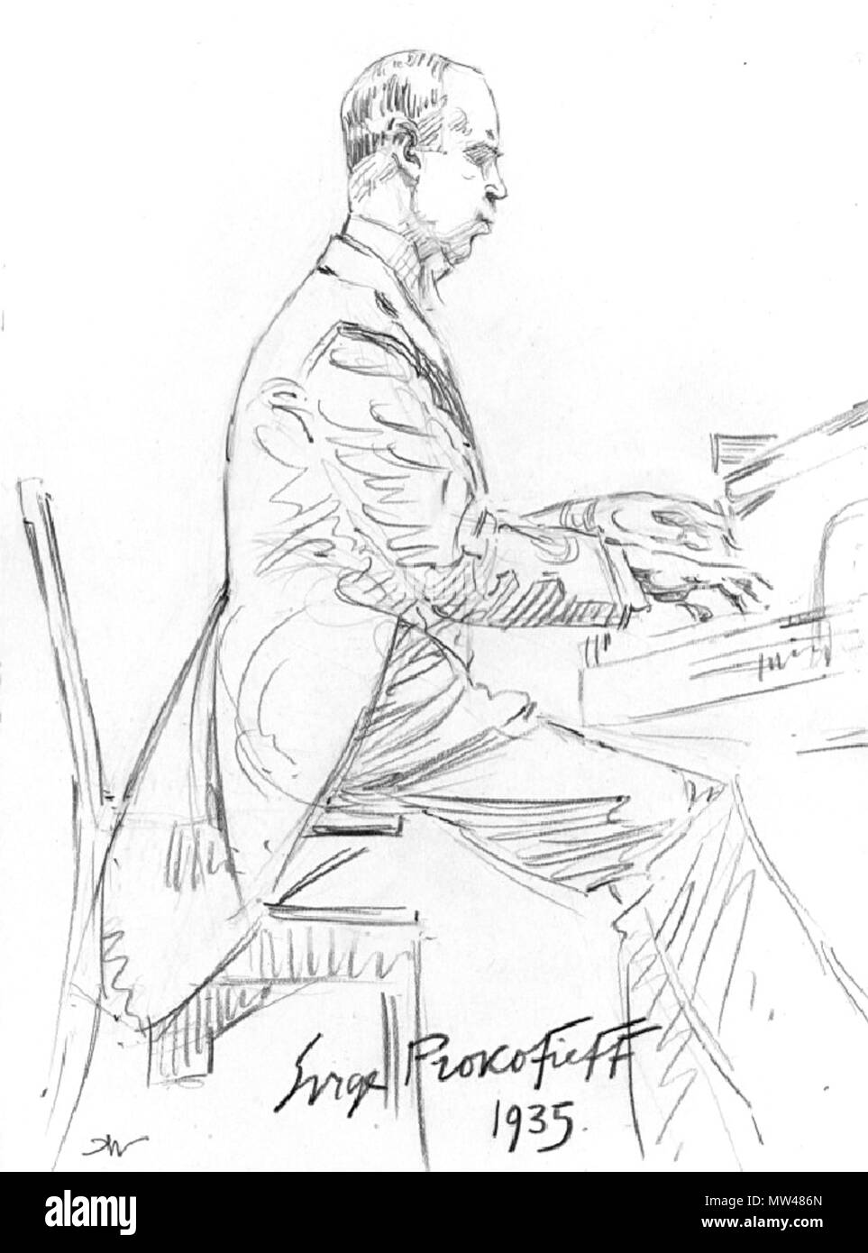 . Inglese: Sergei Prokofiev dando la premiere del suo 3 pezzi Op.59 matita su carta, 22 x 17 cm firmato l.l.:HW firmato dagli attori l.c.: Serge Prokofieff / 1935 . 1935. Hilda Béatrice Wiener (1877-1940) 552 Serge Prokofieff da Hilda Wiener Foto Stock
