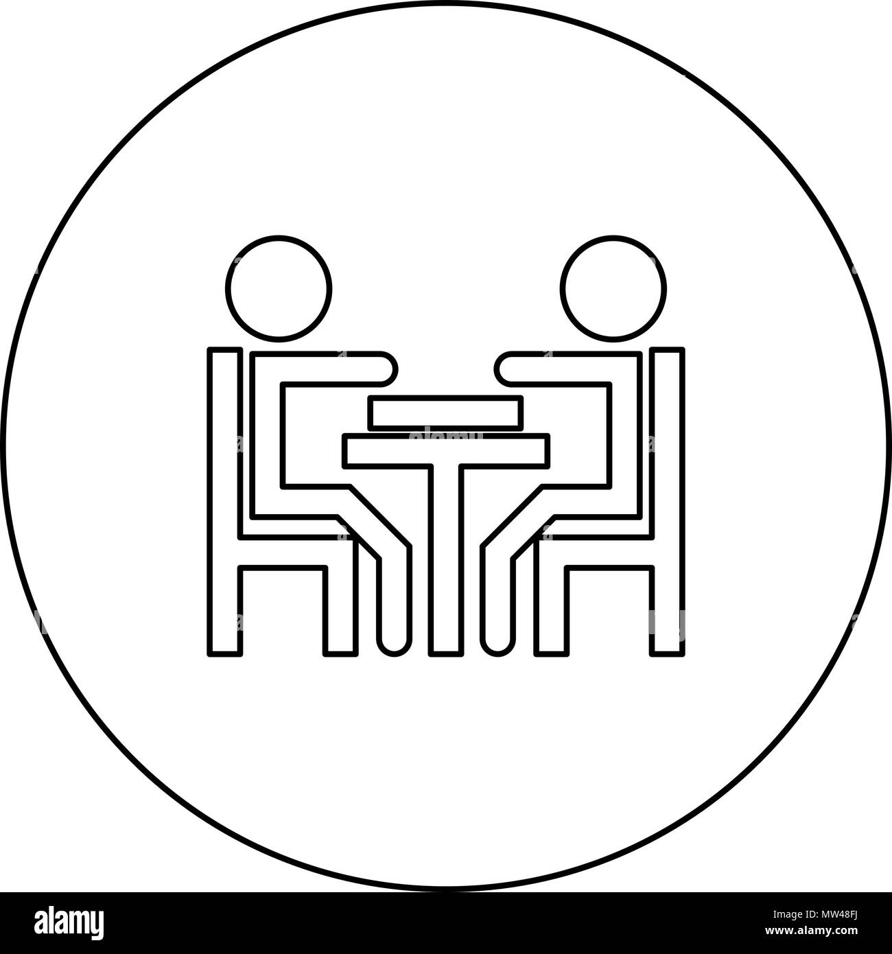 Gli uomini giocando al tavolo icona nera nel cerchio di vettore di contorno ho isolato Illustrazione Vettoriale