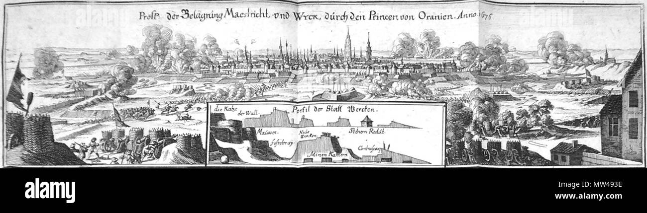 . Inglese: assedio di Maastricht dal principe di Orange (William III) nel 1676. A Maastricht in Olanda era in quel momento occupata dai Francesi. 19 novembre 2011, 02:20:00. Incisore sconosciuto. Pubblicato circa 1680 in: Matthäus Merian, Prosp. Der Belagrung Maestricht und Wyck durch den Princen von Oranien. 79 Beleg van Maastricht (1676)-1 Foto Stock