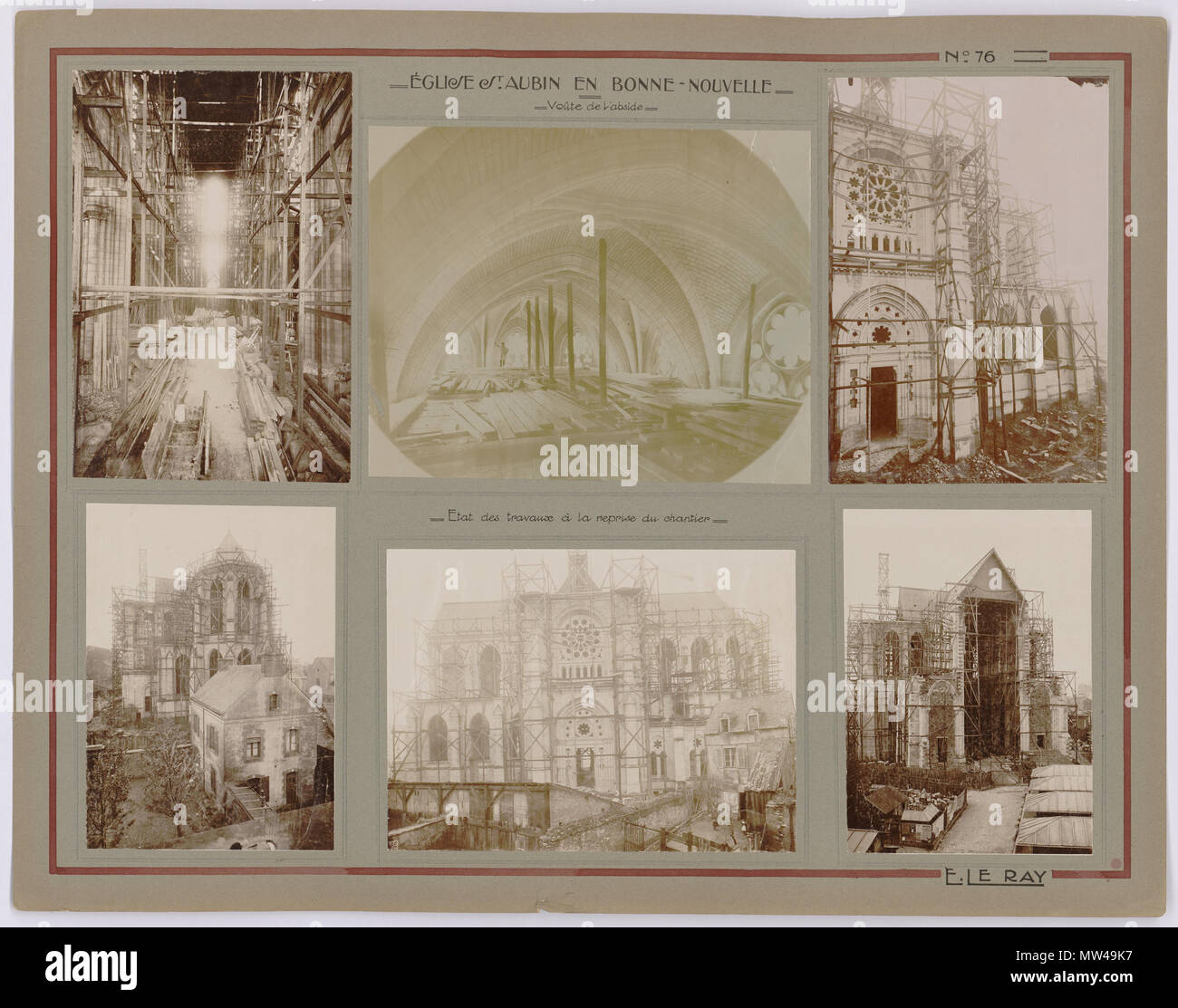 . Français : Église Saint-Aubin en Notre-Dame-de-Bonne-Nouvelle, Rennes . Français : Église Saint-Aubin en Notre-Dame-de-Bonne-Nouvelle : planche d'Emmanuel Le Ray, architecte Municipal de Rennes, composée de photographies de l'état des travaux à la reprise du chantier en 1895. Une photographie noir et blanc (22,5 x 15,5 cm) de l'intérieur. Une photographie sépia (24 x 19 cm) de la voûte de l'abside. Quatre photographies noir et blanc (18,5 x 13,5 cm ; 22,5 x 16 cm) des facciate. Archives municipales de Rennes, 10 Fi 77. . 1926. Emmanuel Le Ray (1859-1936) Descrizione architetto francese Foto Stock