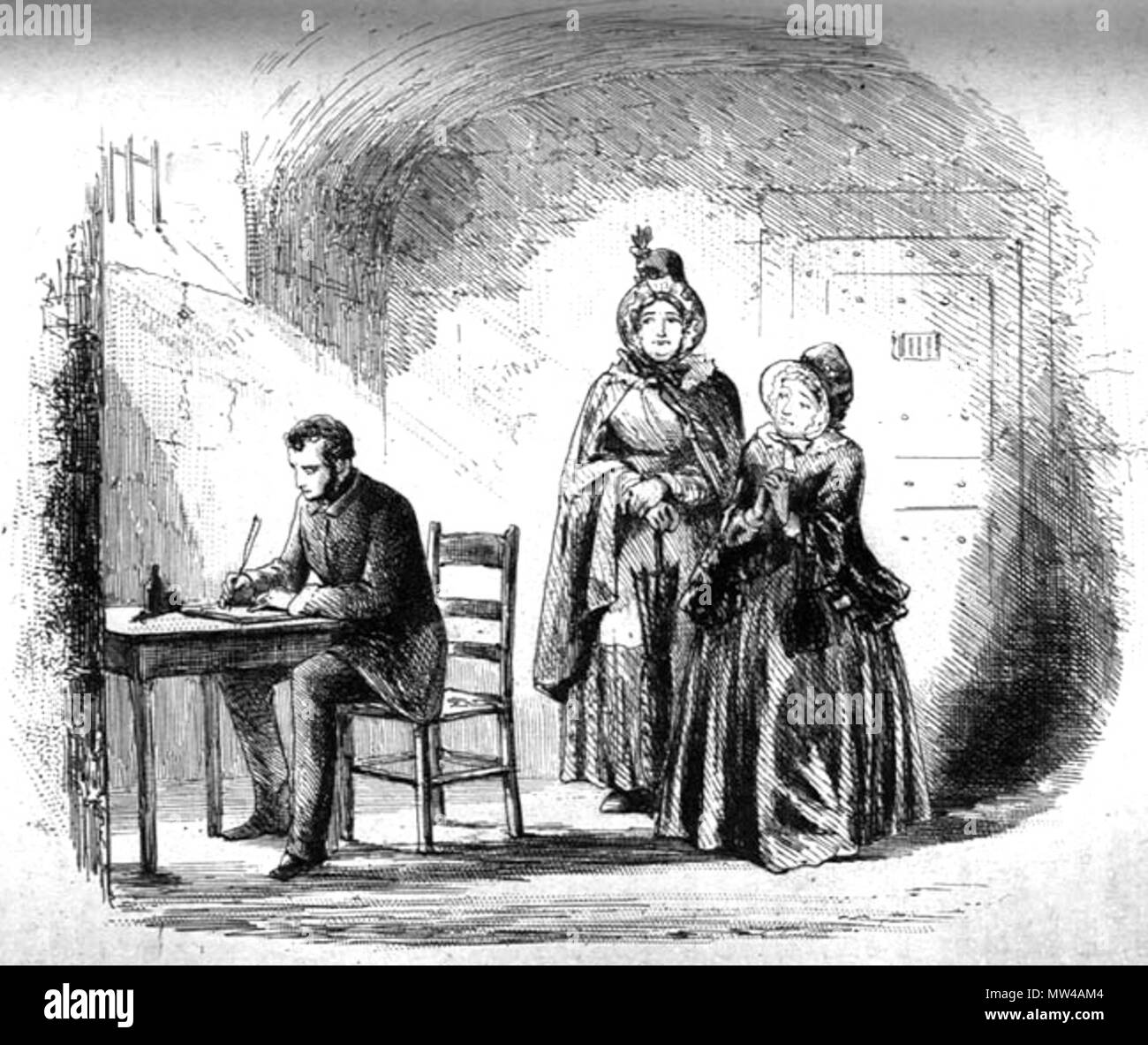 . Inglese: Sig.ra Bagnet ritorna dalla sua spedizione di 'Phiz' (Hablot Knight Browne) per Bleak House, p. 530 (c. 55, 'volo'). 4 1/8 x 5 1/16 pollici. 6 febbraio 2012, 15:21:50. Hablot Knight Browne (Phiz) 427 onorevole Bagnet ritorna dalla sua spedizione Foto Stock