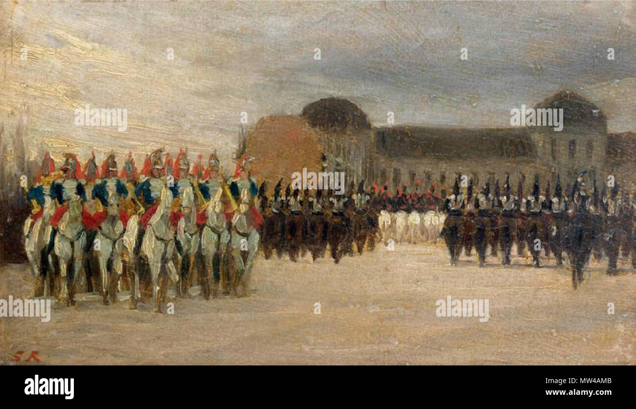 . Français : Revue devant l'École Militaire, huile sur carton, monogramme en bas à gauche, 18,5 x 30,5 cm. Inglese: Revisione presso la Scuola Militare, olio su tavola, monogramma in basso a sinistra, 18,5 x 30,5 cm. prima del 1876. Guillaume Régamey (1837-1875), 257 Guillaume Regamey Revue Foto Stock