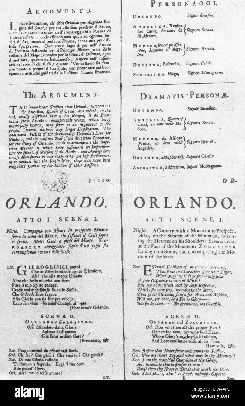 . Deutsch: Argomento des Original-Librettos von 1733 . Il 16 febbraio 2012. Sconosciuto (it.), Samuel Humphreys (engl.) 458 Orlando Argomento Foto Stock