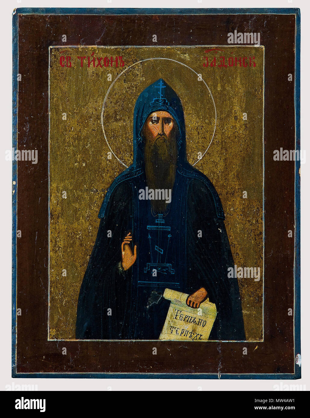 . San Tikhon di Zadonsk. Tempera su pannello di legno Lo sfondo è realizzato in argento, coperto da vernice dorata. Mostrato nella metà della lunghezza del fratello costumi. Russo, seconda metà del XIX secolo. 17.8 x 14.3 cm. Russland, 2. Hälfte 19. Jh. 19 c,. Anonimo 572 San Tikhon di Zadonsk (19th. c., Russia, priv. coll.) Foto Stock . San Tikhon di Zadonsk. Tempera su pannello di legno Lo sfondo è realizzato in argento, coperto da vernice dorata. Mostrato nella metà della lunghezza del fratello costumi. Russo, seconda metà del XIX secolo. 17.8 x 14.3 cm. Russland, 2. Hälfte 19. Jh. 19 c,. Anonimo 572 San Tikhon di Zadonsk (19th. c., Russia, priv. coll.) Foto Stock
