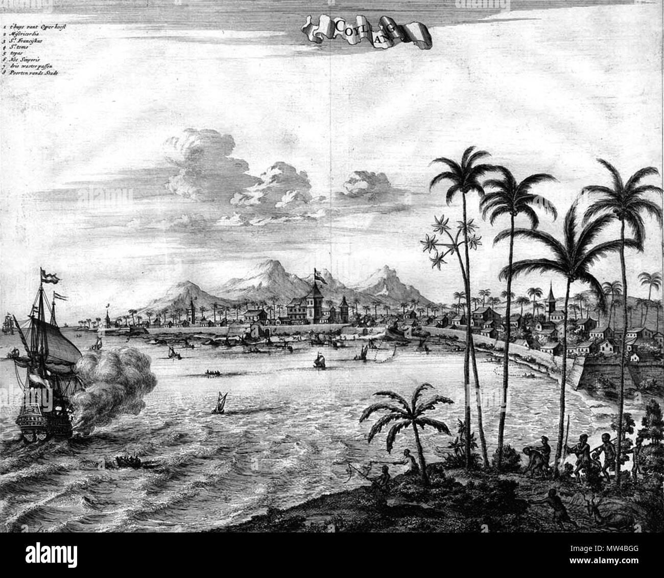 . Inglese: Quilon da Johan Nieuhof da Gedenkweerdige Brasiliaense Zee- en Lant-Reise und Zee- en porta Lant-Reize verscheide Gewesten van Oostindien. Amsterdam: de Weduwe van Jacob van Meurs, 1682. Il 19 marzo 2012. Johan Nieuhof 508 Quilon da Johan Nieuhof Foto Stock