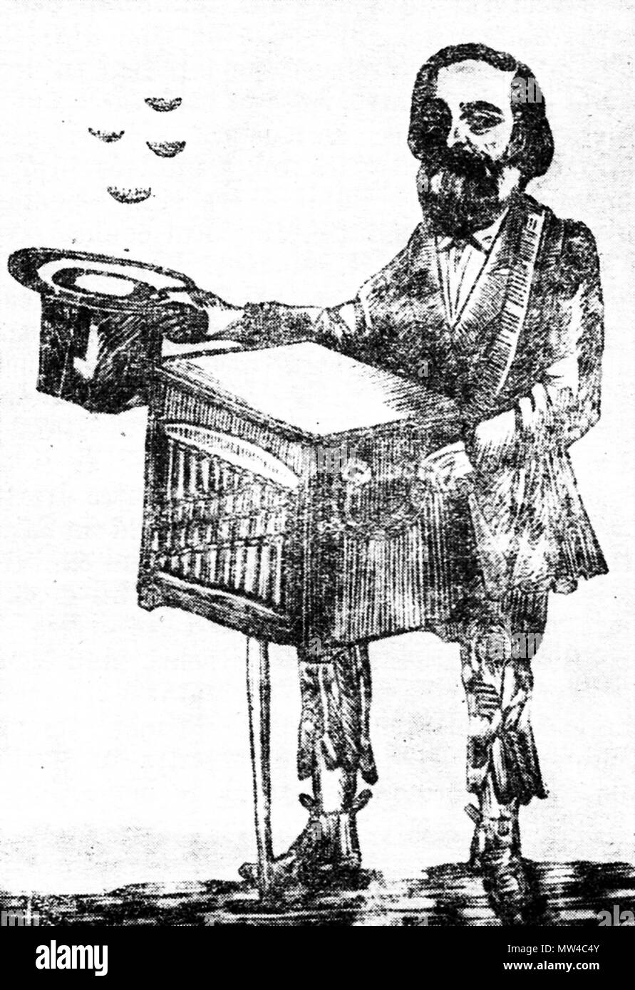 . Inglese: C. A. Rosetti, il rumeno Politico e scrittore, come suonatore ambulante di organo (mola). Frammento di un foglietto satirico, originali conservati nell'Accademia rumena Libreria. L'altra metà di un cartone animato mostra Rosetti di alleato politico di ioni forza Brătianu-formazione di una scimmia (che probabilmente è il primo ministro in carica Creţulescu conservativo o leader dell opposizione Dim. Ghica). 1867. sconosciuto/uncredited 107 C. A. Rosetti come busker, 1867 ILR 399 Foto Stock