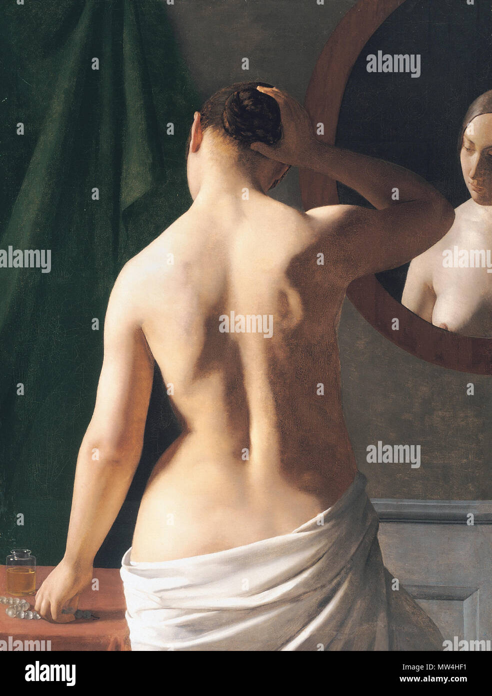 . Dansk: modello Kvindelig specifiche diun et spejl inglese: modello femminile davanti a uno specchio . Dansk: maleri af Ludvig Agosto Smith med parallelo til Eckersberg maleri. Smith ha maleri indgår ho Loeb danese collezione d'arte. . 8 marzo 2016. Ludvig Agosto Smith 421 Modellen Florestine specifiche diun et spejl 1841 Foto Stock