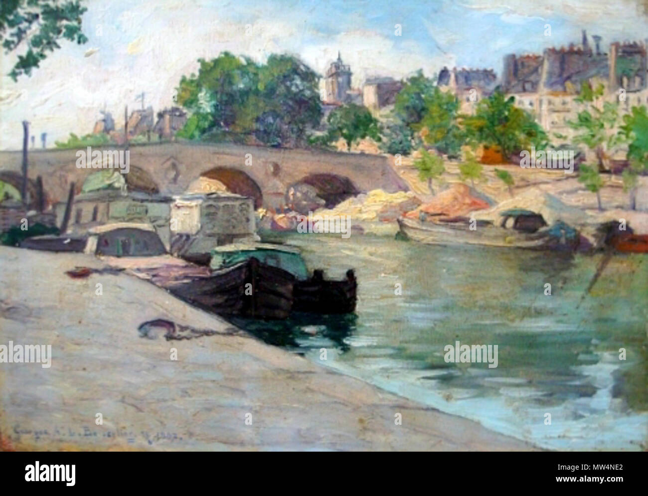 507 Péniches devant le Pont Marie Foto Stock