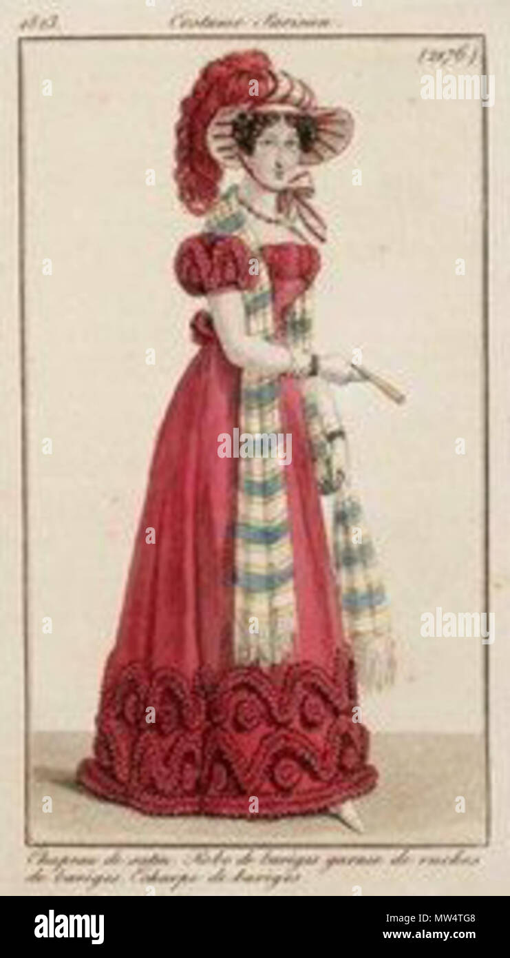 144 Costume Parisien - Chapeau de satin- Robe de barèges garnie de ruches de barèges-Echarpe de barèges- 1823 Foto Stock