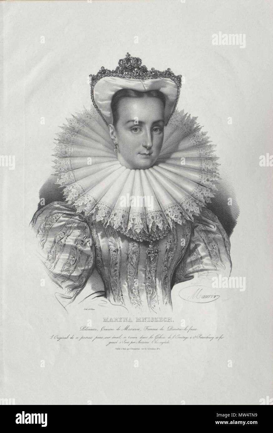 . Portrait de Marine Mniszech (c. 1588-1614/5). Raro lithographie de Jean-François Villain d'après le dessin de Maurin inspiré de la gravure originale d'Antoine Olesczynski (1794-1879), milieu du XIXe siècle. 49 x 34 cm. Марина Мнишек (ок. 1588-1614/5). Редкая литография. Maurin, по оригиналу А. Olesczynski (1794- 1879), середина XIX в. Марина Мнишек, супруга Лжедмитрия I, коронована в Москве 8 мая 1606 г . Xix secolo. lithographie de Jean-François Villain d'après le dessin de Maurin inspiré de la gravure originale d'Antoine Olesczynski (1794-1879) 399 Marina-Mniszech-Russia Foto Stock