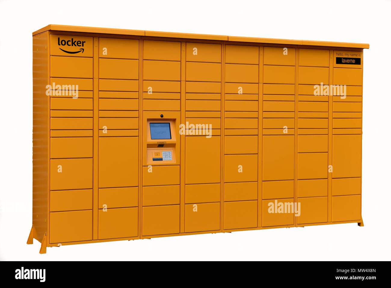 Amazon Locker un sicuro sistema di erogazione che Amazon utilizza in luoghi pubblici per il ritiro e la restituzione di confezioni Foto Stock