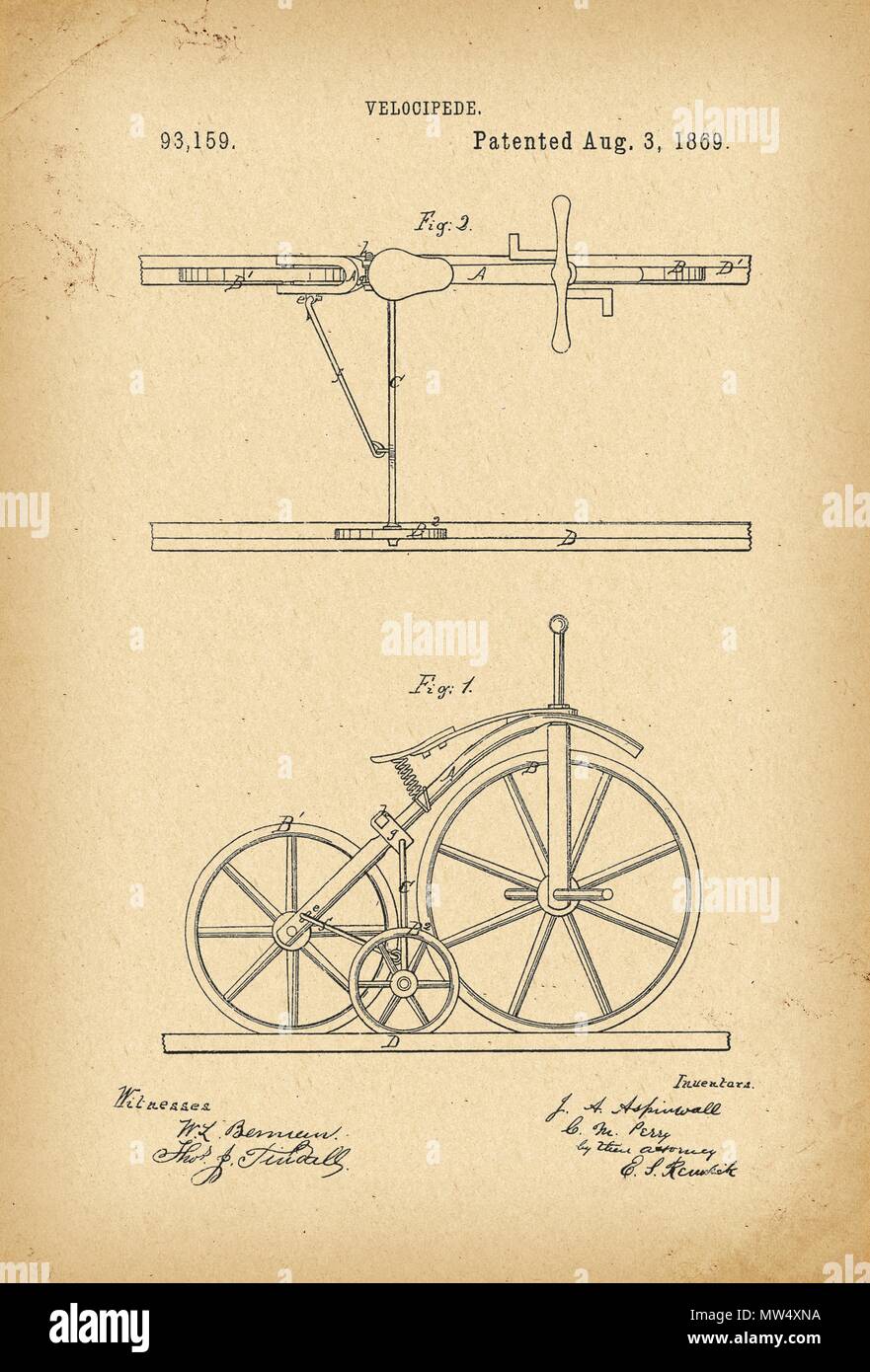 1869 Brevetto bicicletta Velocipede storia trovato Foto Stock