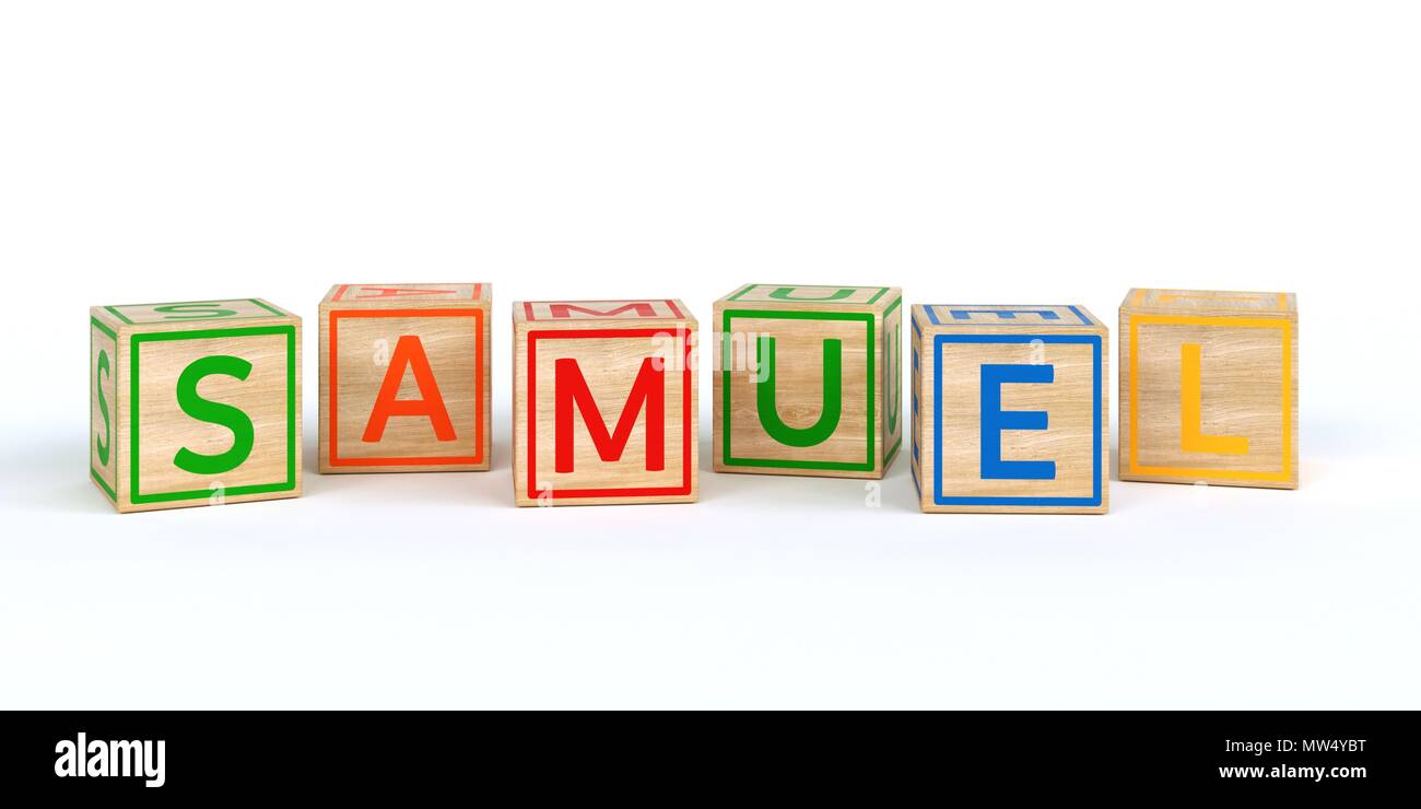 Il nome samuel scritto con isolati giocattolo di legno cubi Foto Stock