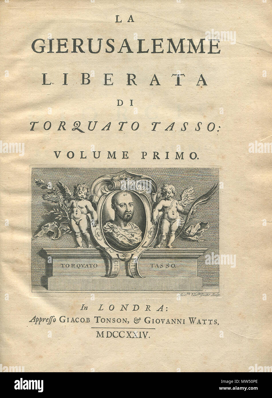 . Inglese: Titolo pagina di un 1724 edizione in italiano stampato in Inghilterra del Tasso La Gerusalemme Liberata . Il 13 maggio 2012. Tonson e Tasso 587 TassoGerusalem1724TP Foto Stock