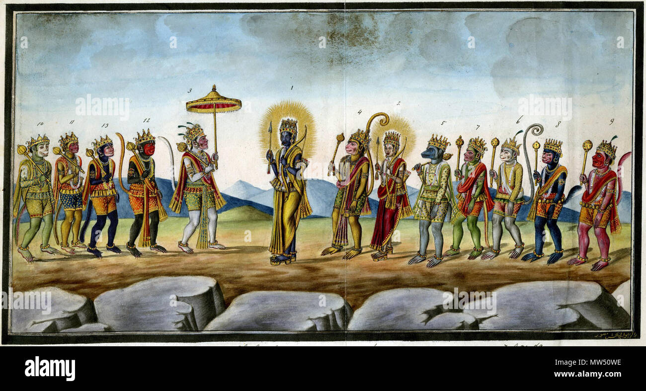 . Inglese: "Rāmacandra in piedi in un paesaggio roccioso con Laksmana e l'orso e monkey i capi del suo esercito" "Il capo di Rama-Chandra dell'esercito. 1. Rama Chandra. 2. Lacshman. 3. Re Sugriva. 4. Hoonoman. 5. Jambuvan. 6. Angada. 7. Arunda. 8. Nila. 9. Samrambha. 10. Nala. 11. Vanara. 12. Durvinda. 13. Rambha." . Xix secolo (inizio). Sconosciuto 511 Rama e capi di scimmia Foto Stock