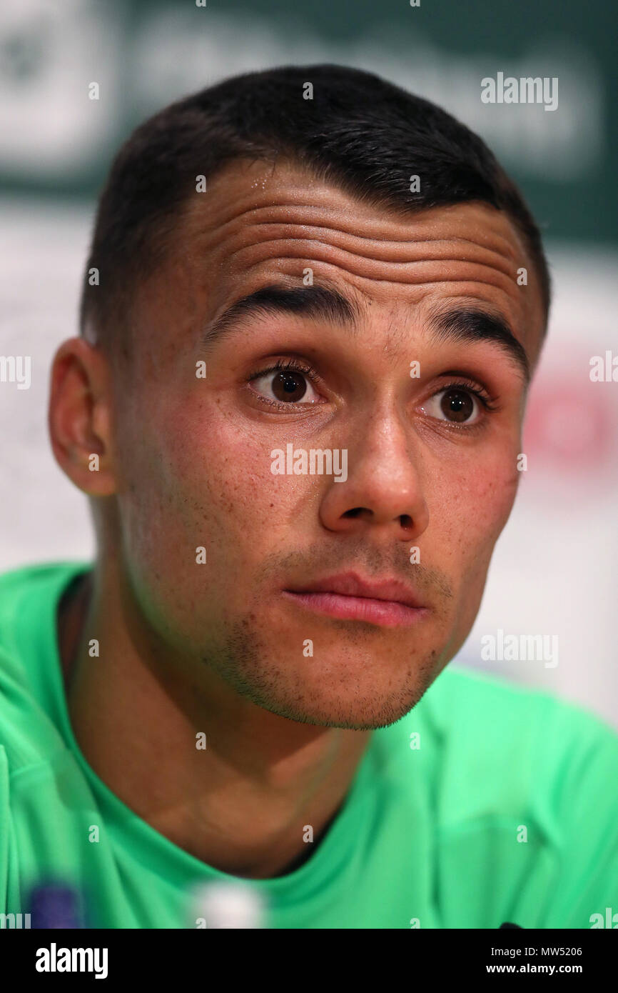 Graham Burke della Repubblica d'Irlanda durante una conferenza stampa al fai National Training Center di Abbotstown, Irlanda. PREMERE ASSOCIAZIONE foto. Data immagine: Giovedì 31 maggio 2018. Vedi la storia della Repubblica DI CALCIO della PA. Il credito fotografico dovrebbe essere: Brian Lawless/PA Wire. . Foto Stock