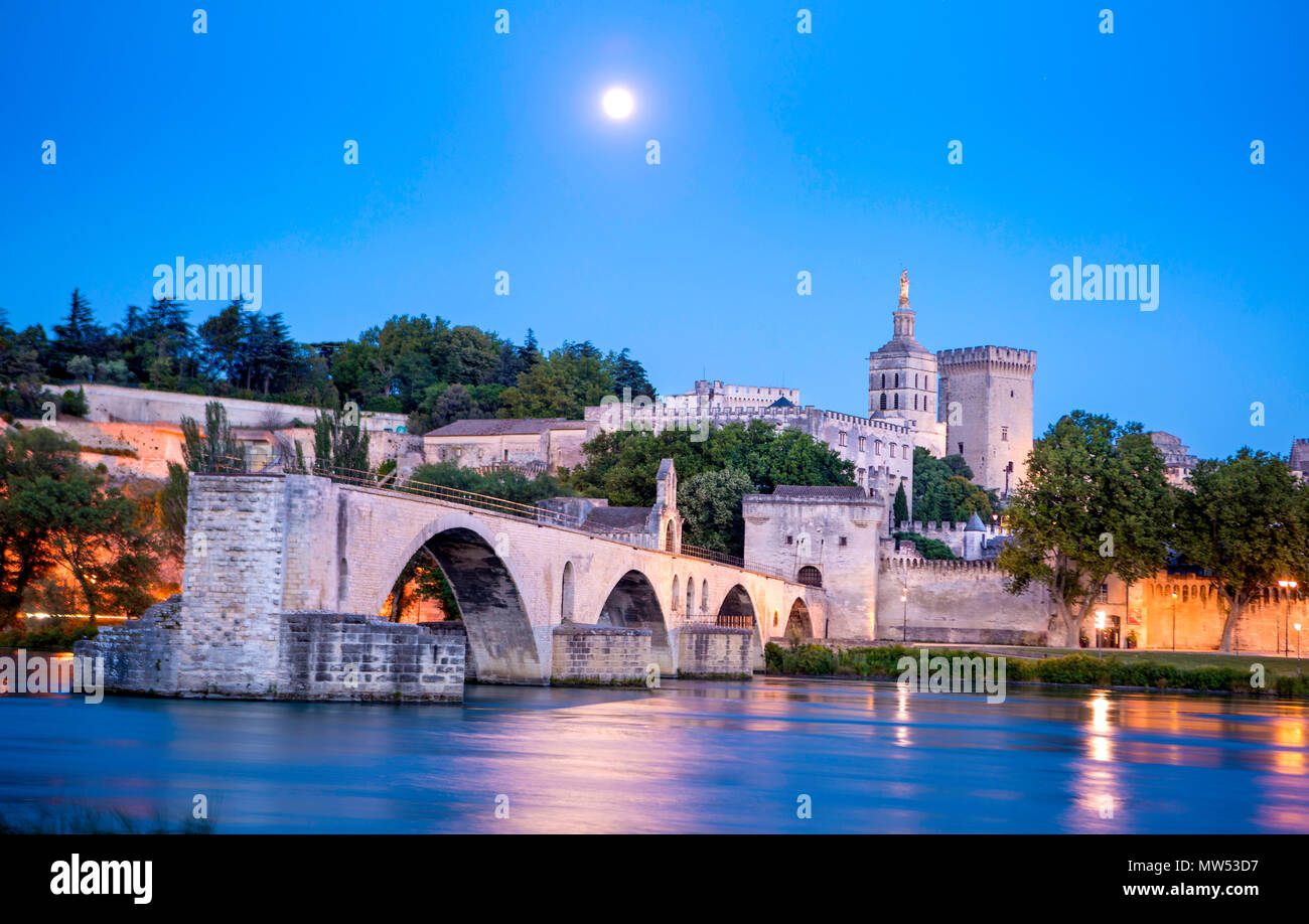 Francia, regione della Provenza, città di Avignone, il Palazzo dei Papi ,SAN Benezet bridge, Rhone river al chiaro di luna Foto Stock