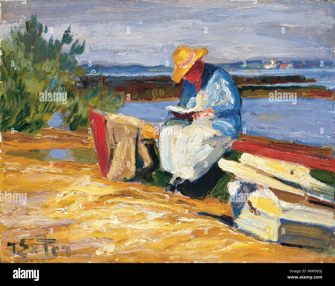 . Lesende Frau mit Booten am Chiemseeufer . tra 1920 e 1930. Julius Exter (1863-1939) 329 Julius Exter - Lesende Frau mit Booten am Chiemseeufer 1920-30 Foto Stock