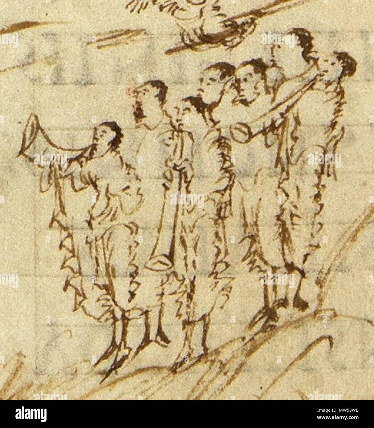 . Inglese: lodando Dio con lunghe trombe e corno, 'tubis ductilibus', 'tubae corneae'. circa 850 a.d.. Sconosciuto 623 Utrechts-Psalter salmo-96-Salmo-97 trombe e cornet2 Foto Stock