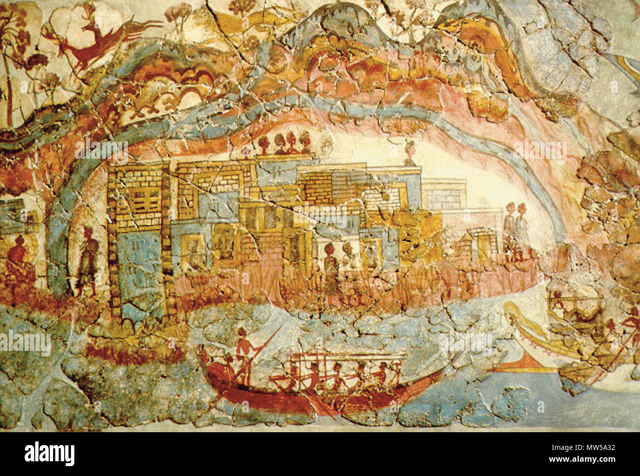 . Inglese: età del bronzo "Flottiglia' affresco dalla camera 5, a ovest la casa a Minoan città di Akrotiri, Santorini, Grecia Français : Fresque datant de l'âge de bronze dans la ville minoenne sur le site archéologique d'Akrotiri dans l'île de Santorin, en Grèce. circa il XVII secolo A.C. Questo file è privo di informazioni sull'autore. 418 Minoan affresco, mostrando una flotta e insediamento Akrotiri Foto Stock