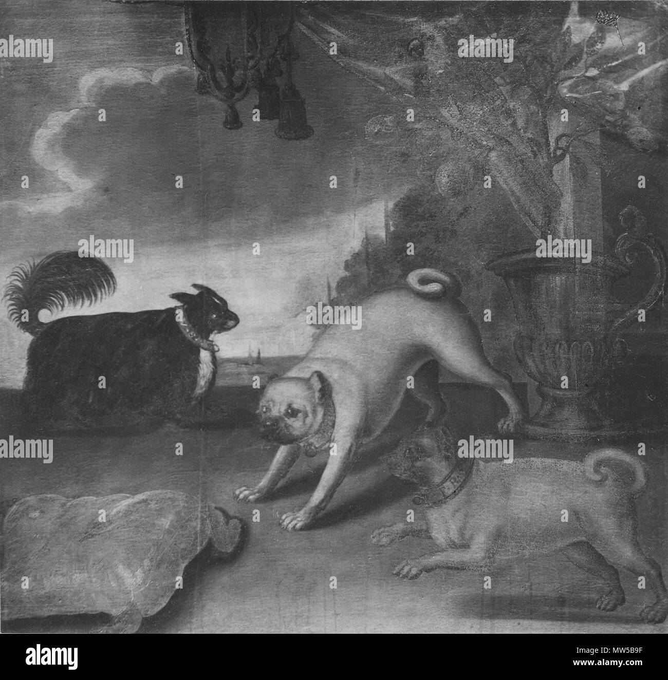 . Svenska: Fredrik I:s mopsar, Ulrika Eleonora d.y.:s lilla hund samt en papegoja . Data sconosciuta 220 Fredrik è mopsar, Ulrika Eleonora d.y.s lilla hund samt en papegoja - Nationalmuseum - 15495 Foto Stock