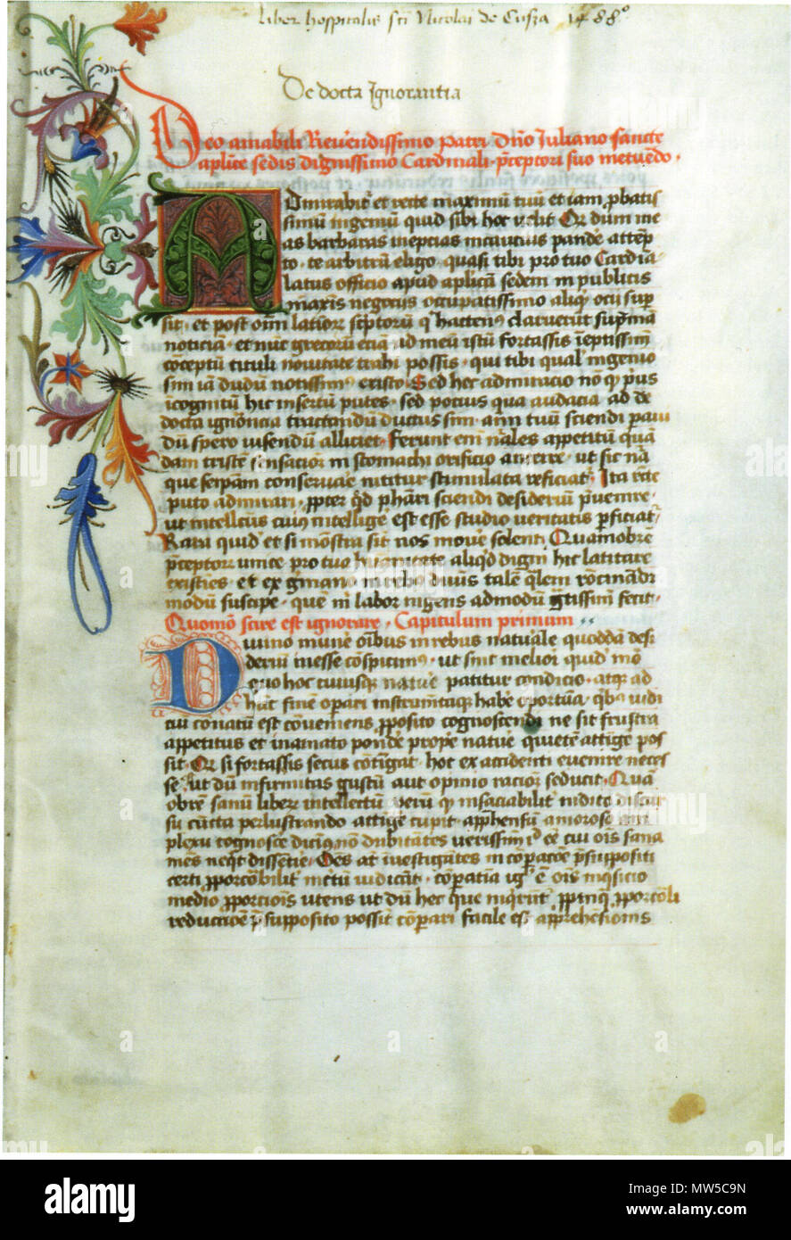 . Inglese: Nicola da Cusa, De docta ignoratia (inizio), in ms. Bernkastel-Kues, San Nikolaus-Hospital, 218, fol. 1r. Deutsch: Nikolaus von Kues, De docta ignorantia (Anfang) in der Handschrift Bernkastel-Kues, San Nikolaus-Hospital, 218, fol. 1r. Xv secolo. Nicola da Cusa 442 Nicola da Cusa, De docta ignorantia, Ms. 218 Foto Stock