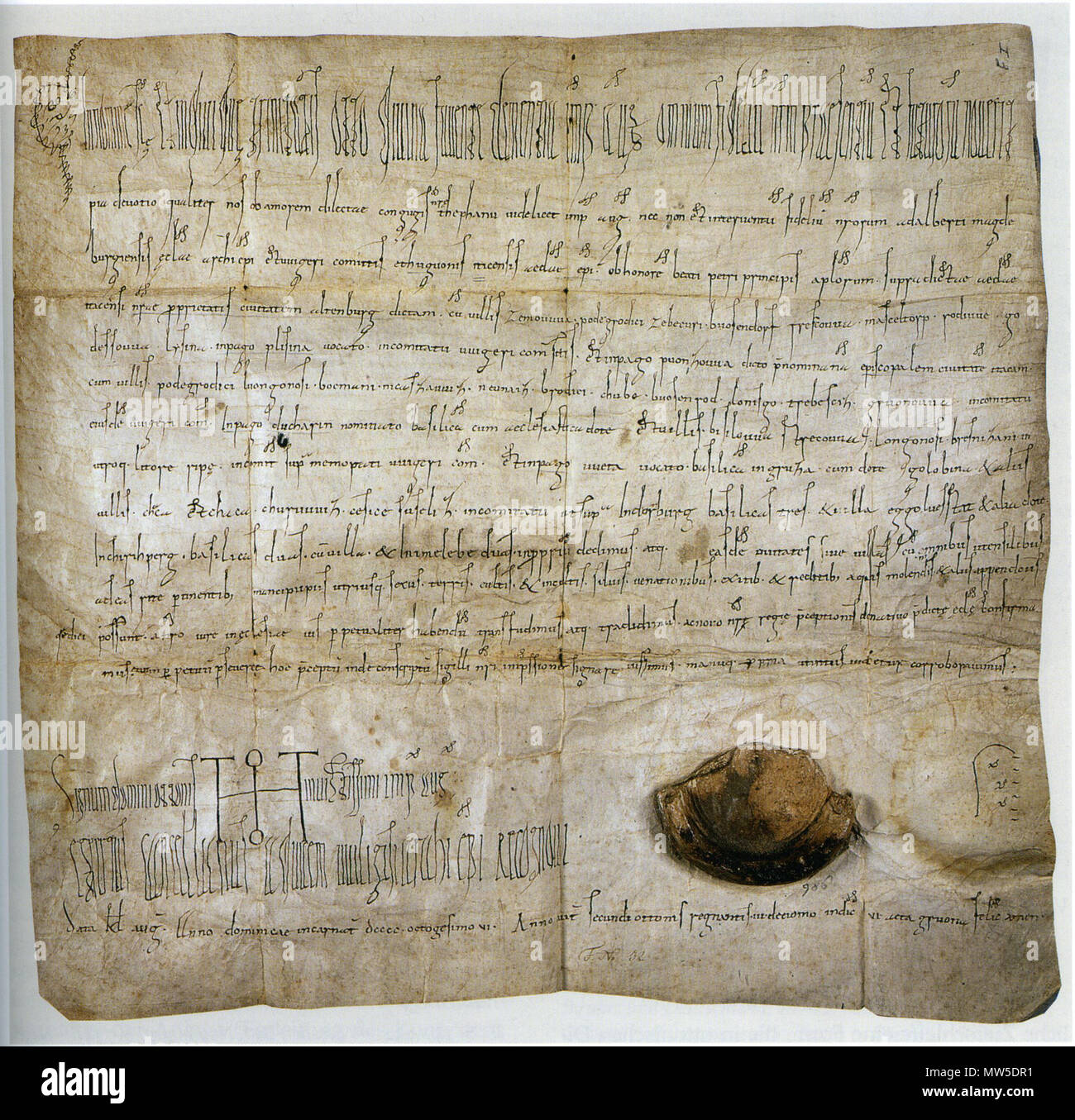 . Inglese: una carta dell'imperatore Ottone II per il vescovo di Zeitz. Naumburg, Domstiftsarchiv, Nr. 1. Deutsch: diplom Ottos II. für das Bistum Zeitz. Naumburg, Domstiftsarchiv, Nr. 1. Il 1 agosto 976 (?). Ottone II (imperatore) 460 Ottone II di Germania, carta di 976 Foto Stock