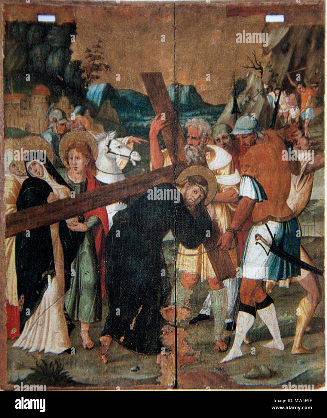 . Inglese: Taula Portant la Creu cap al Calvari de l'antic retaule de Santa Agnès de Malanyanes, actualment al Museu diocesà de Barcellona (Catalogna), obra renaixentista de Jaume Forner de 1535 . 2016. amadalvarez 310 JaumeForner CreuCalvari AgnesMalanyanes 3403 Foto Stock