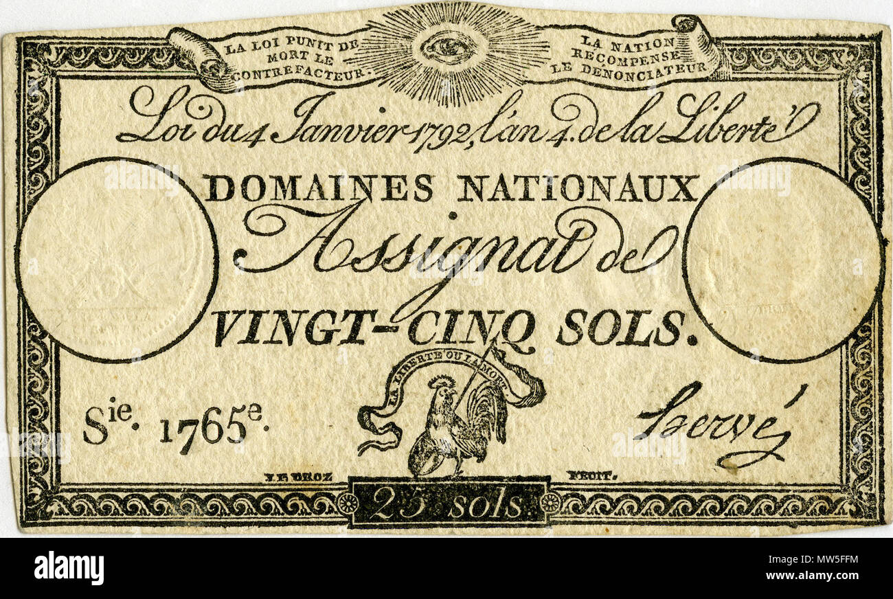 . Français : Papier valeur . Data sconosciuta. République française 60 Assignat de 25 sol Foto Stock