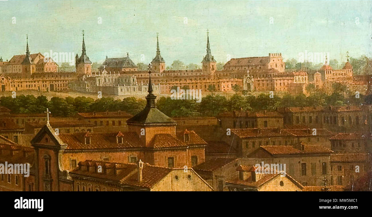 . Español: Detalle de la fachada del Palacio del Buen Retiro en el cuadro 'Vista de la Calle de Alcalá' de Antonio Joli. circa 1750. Antonio Joli 103 Buen Retiro Antonio Joli Foto Stock