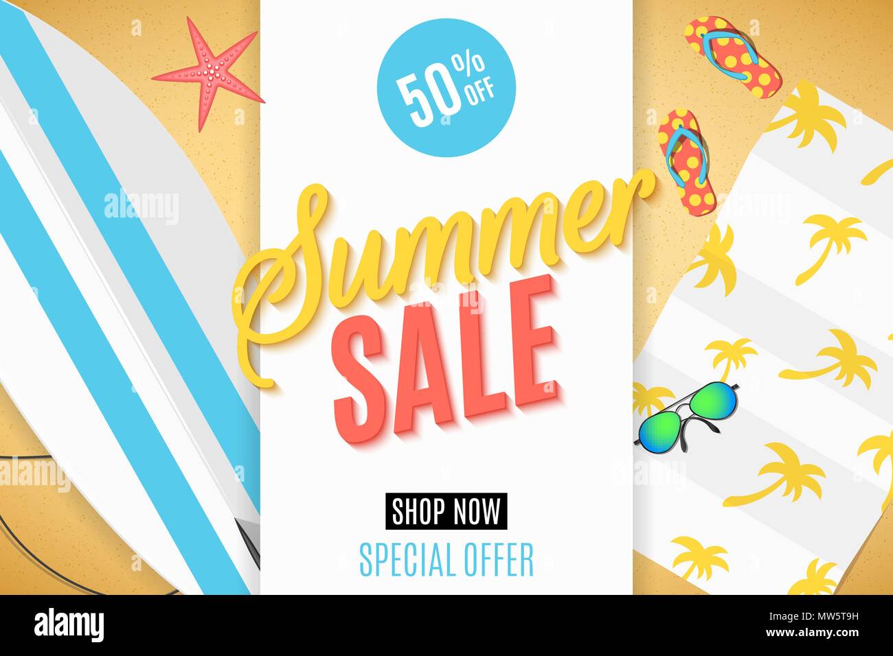 Coperchio per la vendita d'estate. Tavola da surf in spiaggia, occhiali da sole, asciugamano e flip flop. Set di estate le cose e accessori per attività ricreative all'aperto. Grande Illustrazione Vettoriale
