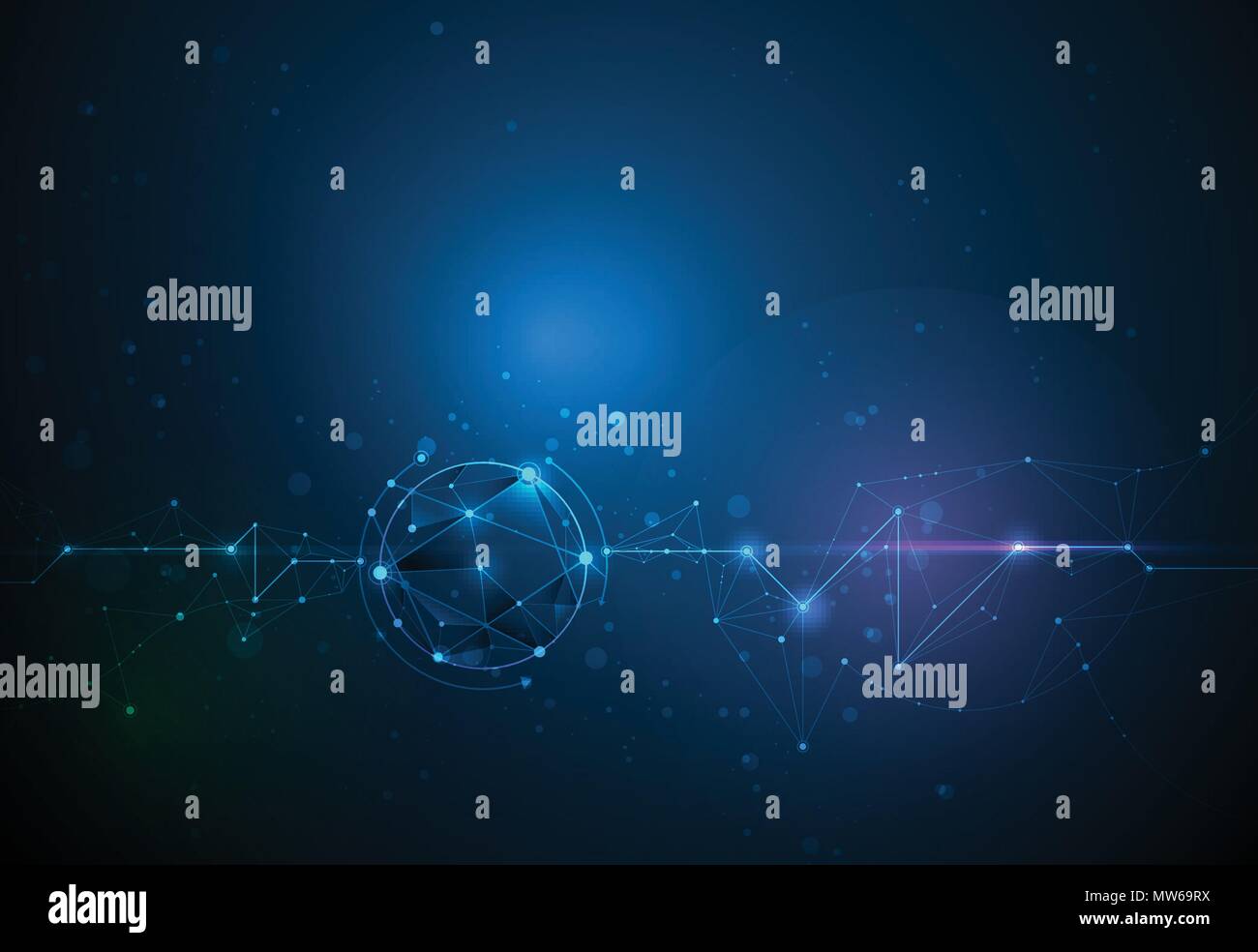 Illustrazione astratta molecole con cerchi, linee geometriche, Poligono, Triangolo pattern. Il design del vettore di comunicazione di rete sulla tecnologia blu scuro Illustrazione Vettoriale
