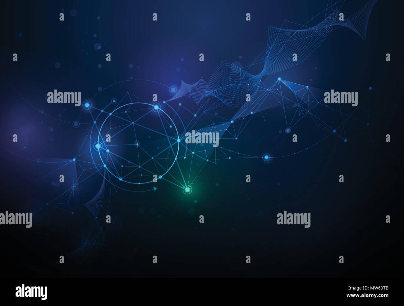 Illustrazione molecole astratto e 3d ingranano con cerchi, linee geometriche, poligonale, Triangolo pattern. Il design del vettore la tecnologia di comunicazione su blu Illustrazione Vettoriale
