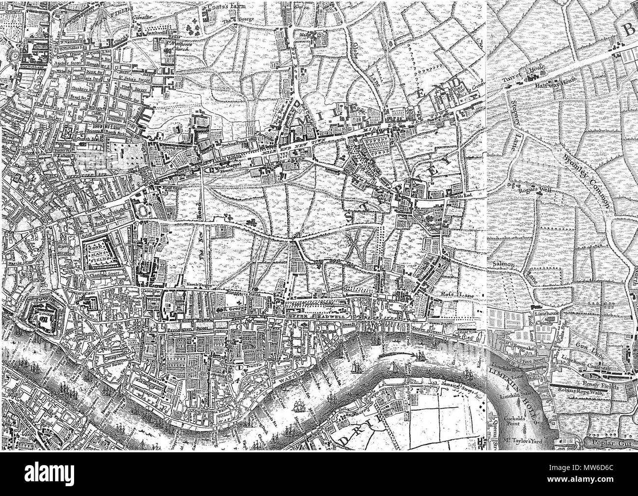 . Inglese: 1745 Roque mappa storica dell'East End. Fonte Birkbeck Storia Dept., ma non sul web. . ... 6 1745 Roque mappa Foto Stock
