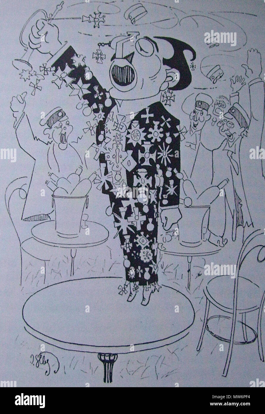 . Inglese: Foto di Sven Hedin giocando il trumpeth in Naggen Svenska: Foto av karikatyr ho Naggen där Sven Hedin som blåser mi tromba . 1914. Artista sconosciuto 534 S. Hedin tromba Naggen 1914. Heroer... Foto Stock