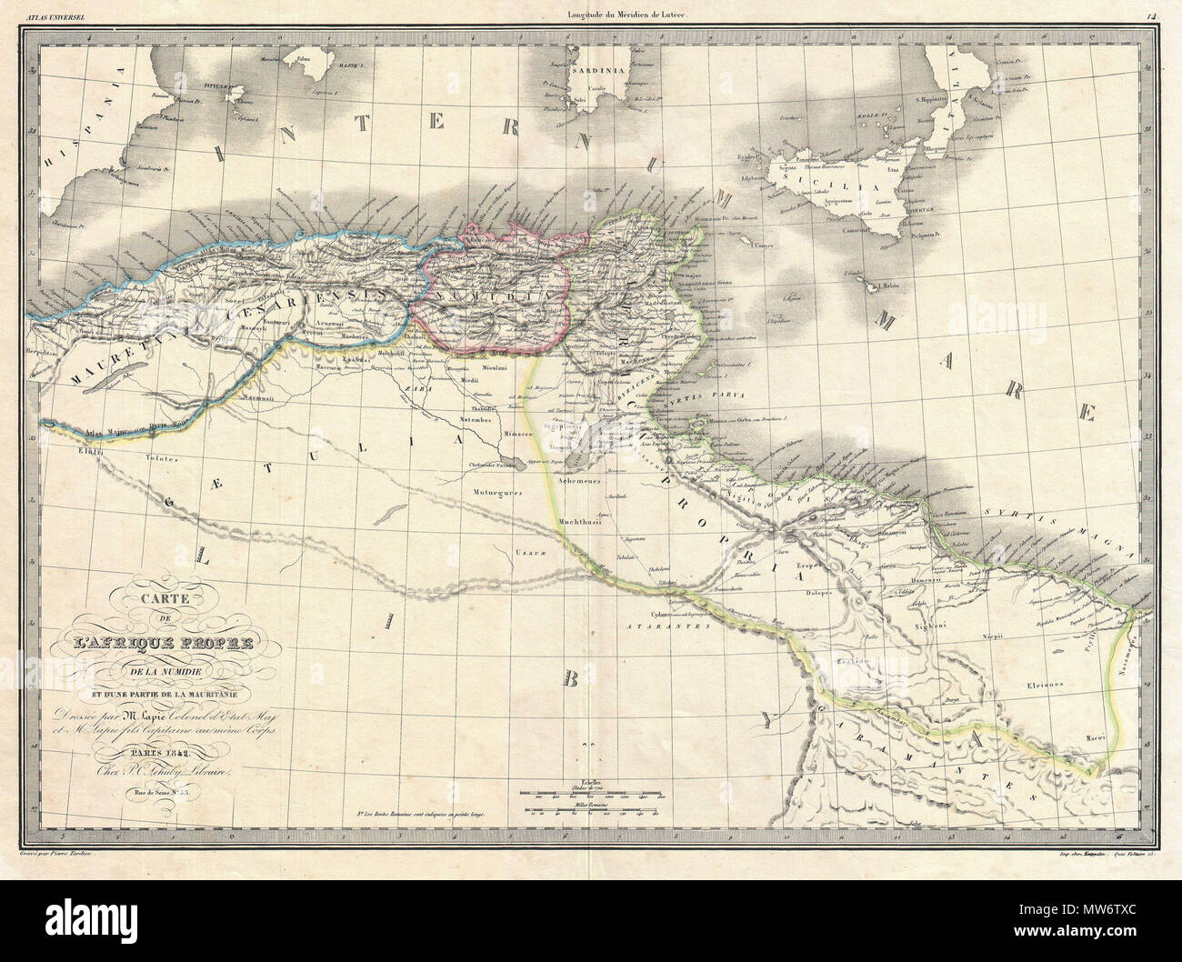 . Carte de L'Afrique Propre de la Numidie et d'une Partie de la Mauritanie. Inglese: un insolito e attraente 1843 mappa degli antichi imperi della Mauritania, Cartagine e Numidia poco dopo la fine della Seconda Guerra Punica. Mostra quello che oggi è noto come Barbary Coast intorno al 190 A.C. L'impero di Cartagine è stata allegata come una provincia romana di nome "Africa propria". Numida, a ovest di Cartagine conserva un semi-indipendente perché alleata di Roma in 206BC. Ancora più a ovest, il regno della Mauritania è stata istituita come provincia romana della Mauritania Casariensis. Ex Foto Stock