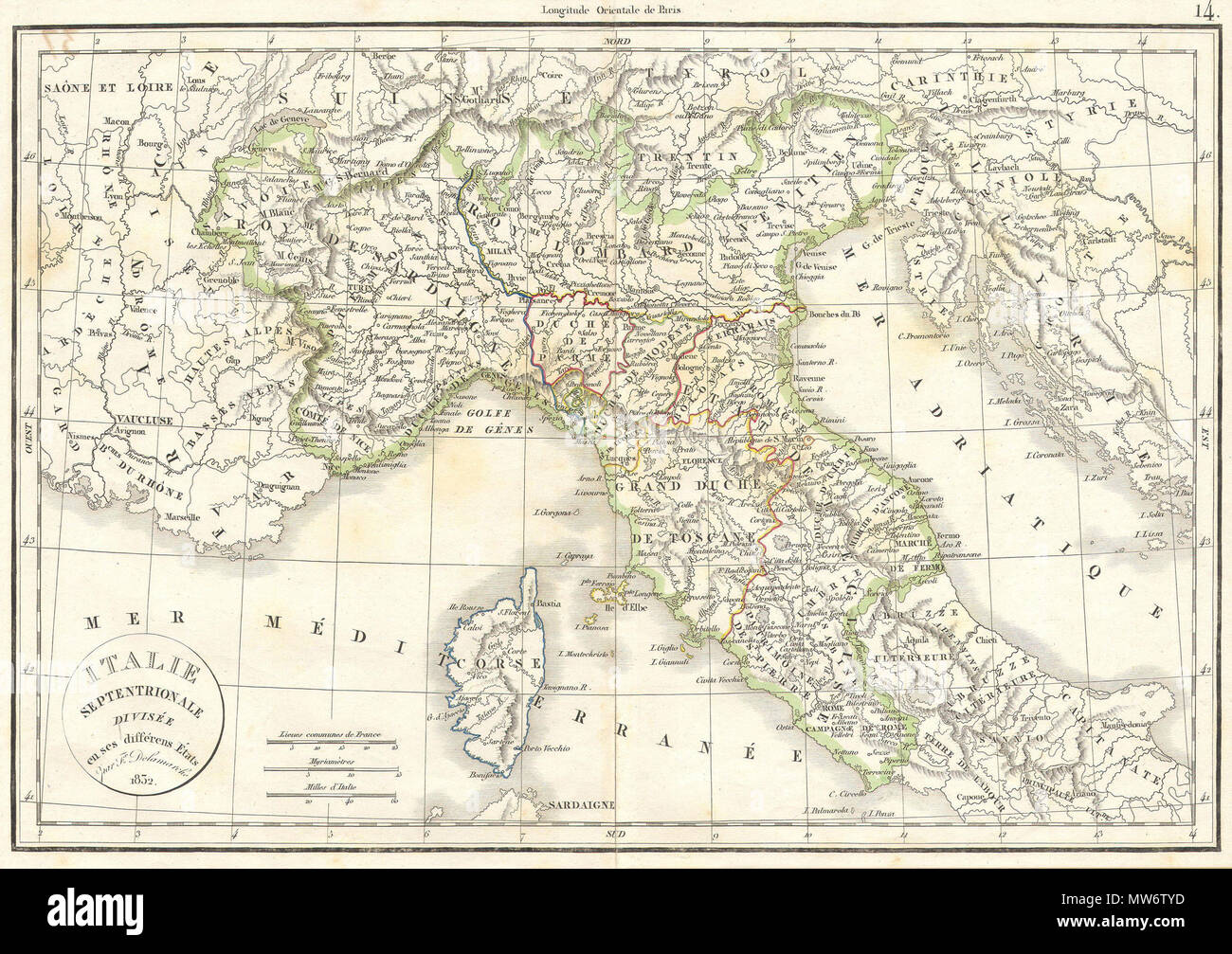 . Italie Septentrionale Divisee en ses differens Etats. Inglese: questa colorata a mano mappa è una piastra di rame incisione, risalente al 1832 dal ben noto cartografo francese Delamarche. Si tratta di una rappresentazione del Nord Italia e la Corsica. . 1832 7 1832 Delamarche Mappa del nord Italia e Corsica - Geographicus - ItalyN-D-32 Foto Stock