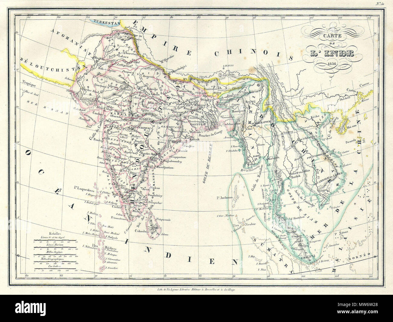 . Carte de L'Inde. Inglese: questa è una bella 1836 calcografia litografia di mappa di India e Sud-est asiatico dal cartografo francese Malte-Brun. Include il giorno moderno nazioni dell India, Bangladesh, Myanmar, Tailandia, Cambogia, Vietnam, Malaysia e Singapore. Mostra anche il XIX secolo regni di Tonquin e Cochin in giorno moderno Vietnam. Stretto di Singapore o Sincapour notato. Tutto il testo è in francese. . 1836 7 1837 Malte-Brun mappa dell'India, la Birmania e il sud-est asiatico (Siam , il Vietnam ) - Geographicus - India-mb-1837 Foto Stock