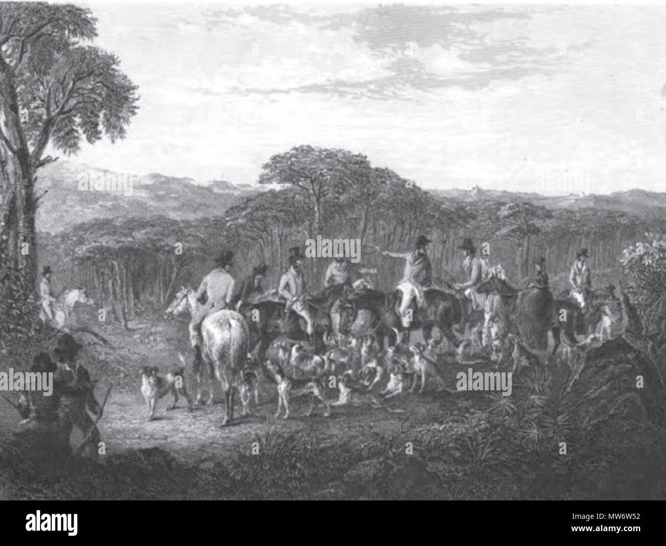 . Inglese: S.A.R. il Principe presso il Royal Calpe caccia era un foxhunt organizzato a Gibilterra fino alla metà del ventesimo secolo. Duchi, Earls e Princes ha preso parte e "la società" pagine riportati su che cosa è andato a. (Non vi è alcun paese su Gibilterra per eseguire una caccia così hanno dovuto utilizzare la vicina campagna in Spagna. 22 ottobre 2012, 18:55:47. Varie 7 1842 - Calpe Hunt e S.A.R. Foto Stock