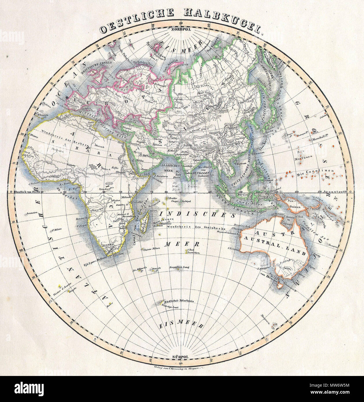 . Emisfero Orientale . Inglese: Questo attraente colorate a mano la mappa mostra l'Emisfero Orientale tra cui Africa, Europa, Asia e Australia. Stampato in 1844 dal ben noto mappa publisher C. Flemming. . 1844 7 1844 Flemming mappa dell'Emisfero Orientale - Geographicus - EasternHemi-flemming-1844 Foto Stock