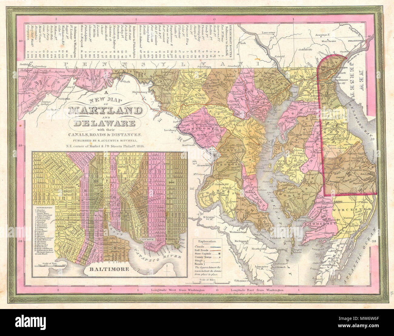 . Una nuova mappa del Maryland Delaware e con i loro canali, strade e distanze. Inglese: questa scarsa mano mappa colorata è una incisione litografica del Maryland e Delaware, risalente al 1846 dal leggendario American cartografo S.A. Mitchell, il sambuco. Include una dettagliata mappa inset di Baltimora. Si tratta di una rara mappa di transizione prodotta dal misterioso intagliatore H. N. Burroughs, il cui lavoro per la ditta Mitchell compare nel 1846 tra quella del H.S. Tanner e Mitchell stesso. Note Ristow, nulla è noto circa Burroughs, ma lui è stato senza dubbio un dipendente o un socio di Mitchell. Il suo fine e dettaglio Foto Stock